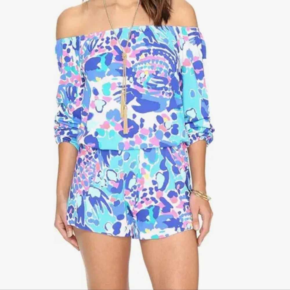 Lilly Pulitzer Lana Romper Off The Shoulder Blue and Pink Size XS